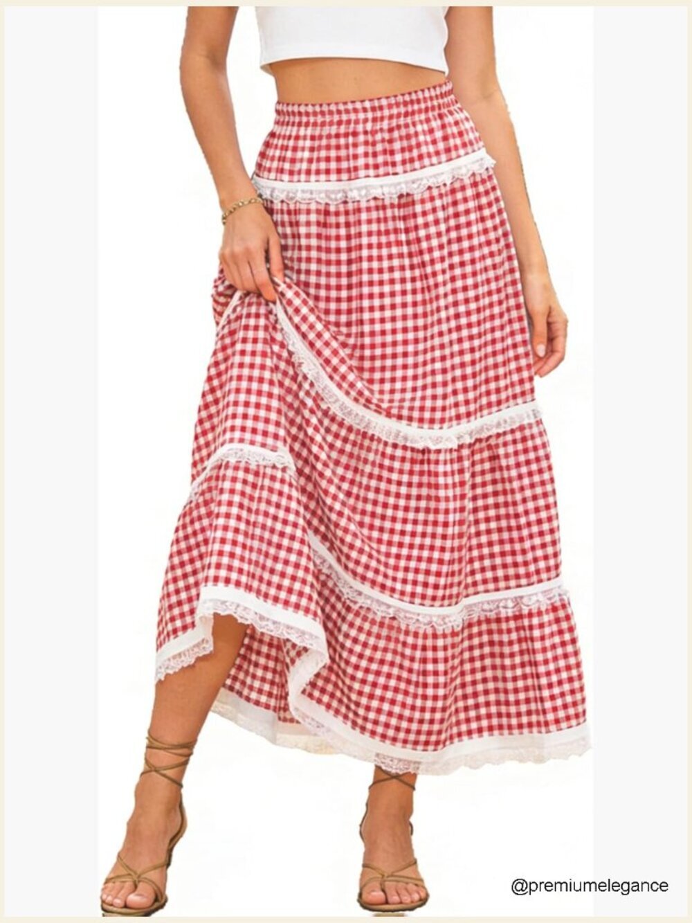 Plaid Gingham Boho Maxi Long Skirt Flowy Tiered A Line Lace Trim High Elastic